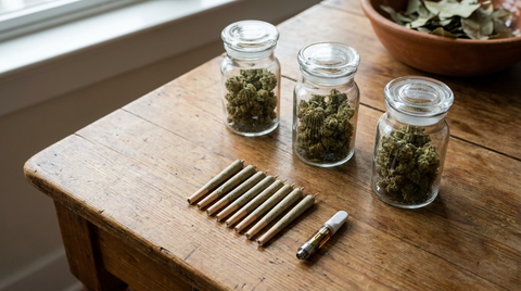 Flat-lay of cannabis flower jars, pre-rolls, and a vape cartridge representing the best value cannabis in Burlington