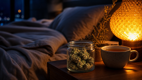 Cannabis flower jar on a nightstand in a calm, sleep-ready evening scene