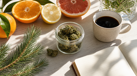 Bright morning flat-lay with cannabis flower, citrus, and coffee