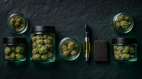 The PEPE house lineup: jars of craft flower, a 510 cart, and pressed hash