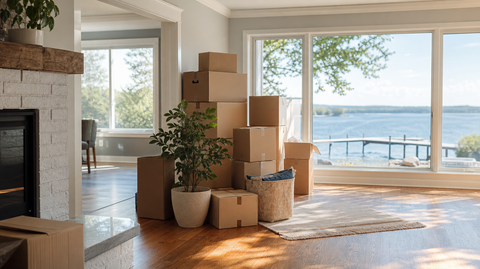 Moving boxes in a sunlit Burlington home with a lake view