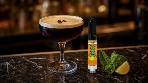 Pepe Liquid Diamonds 510 cartridge beside an espresso martini