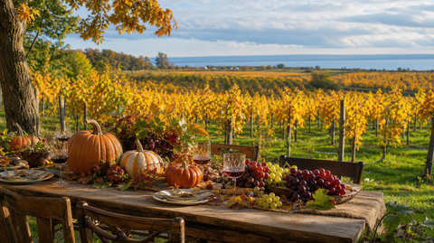 Thanksgiving harvest table overlooking Niagara wine country in fall
