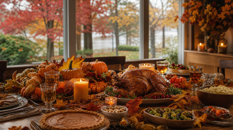 Canadian Thanksgiving harvest table with fall colours outside