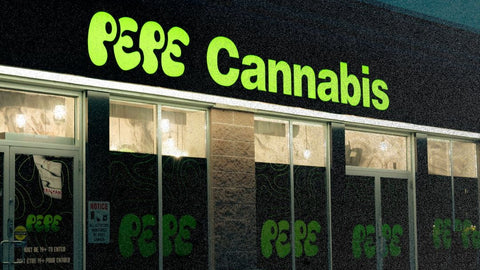 Exterior of Pepe Cannabis Store at 892 Brant Street in Burlington, Ontario at dusk